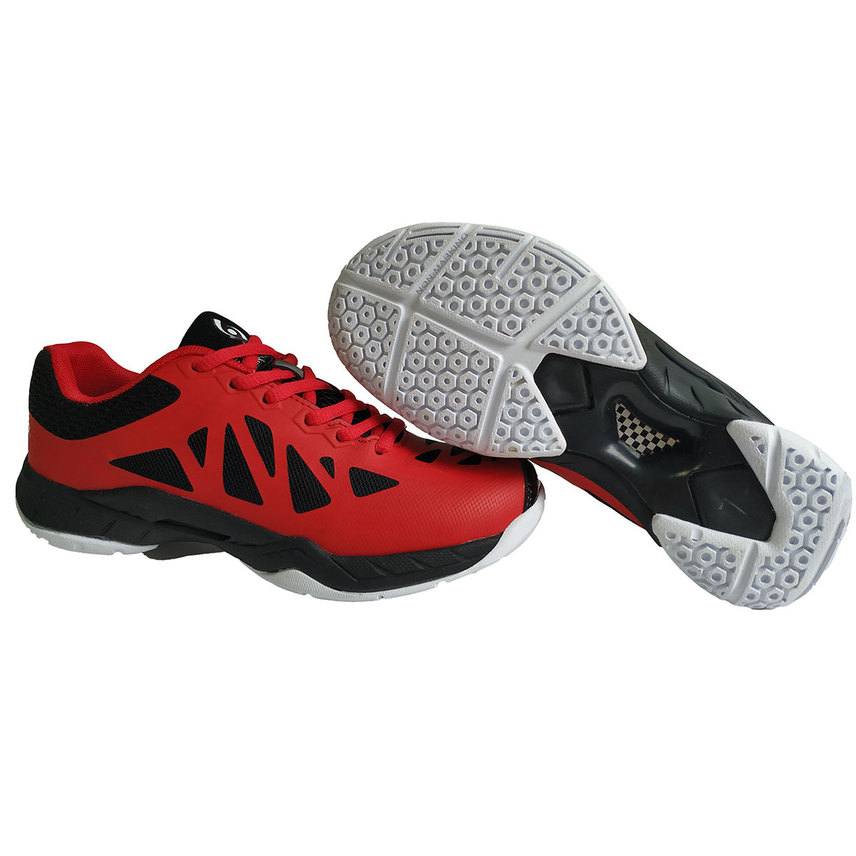 Red and black athletic shoe with a close-up of the sole on a white background