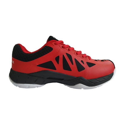 Red and black athletic shoe on a white background